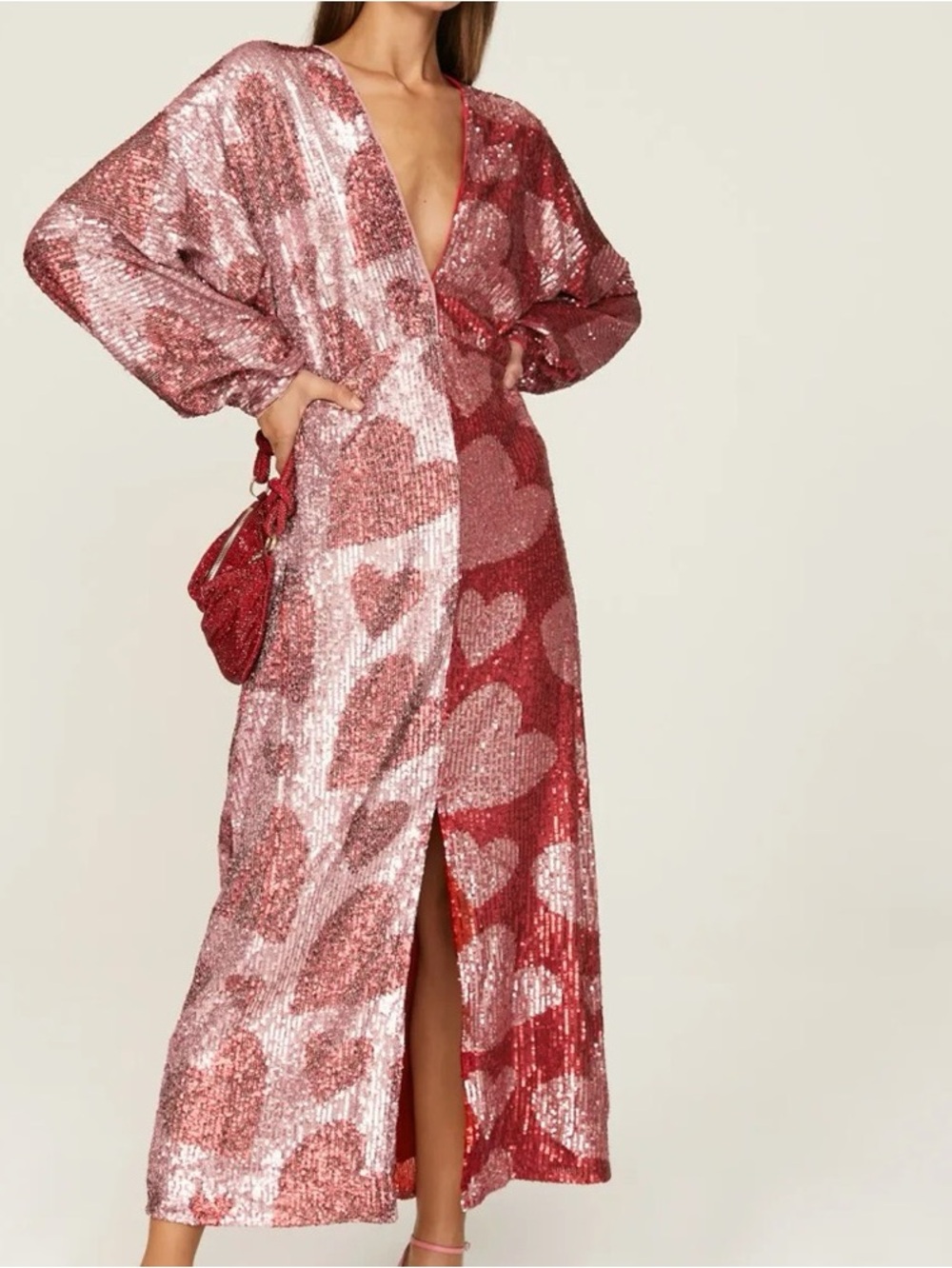 Heart Sequin Puff-Sleeve Midi  Sequin Heart Print Long Wrap Dress in Pink & Red